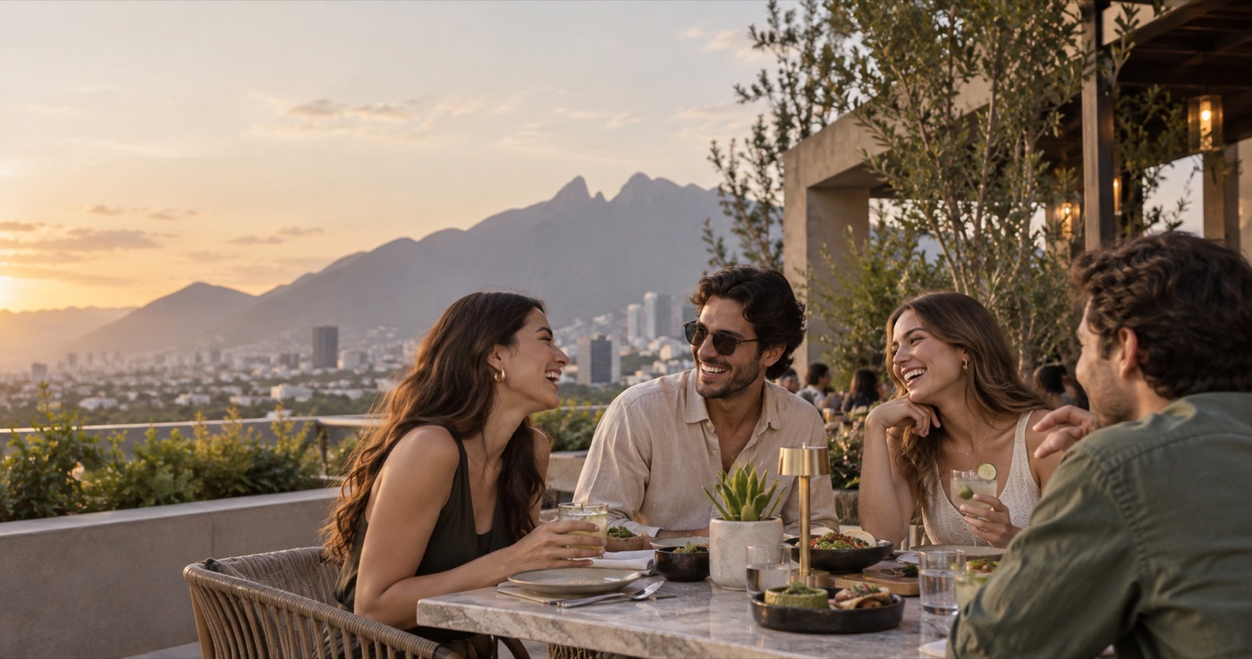 Amigos compartiendo una experiencia en una terraza de Monterrey